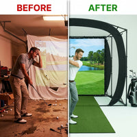 DIY Golf Simulator Impact Screen Frame Enclosure Kit Set, Use with Simulators, Durable Fabric with Velcro, Reinforced Black Border, 9.8'X9.8'X4.9' — Before & After
