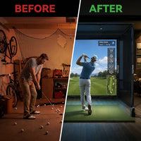 Golf Simulator Enclosure, 10X8Ft Golf Hitting Net Cage with HD Impact Screen & Foam Padding, Indoor Golf Practice Net for Home Garage — Before & After