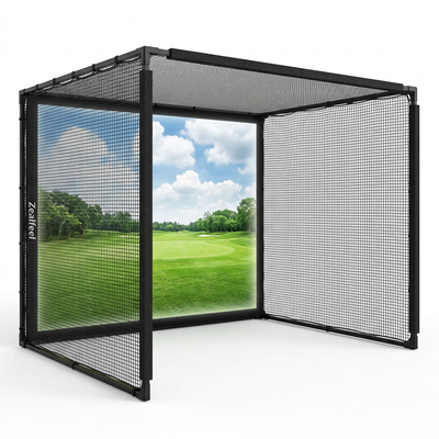Golf Simulator Enclosure Built for Home Practice, 10x8ft Steel Frame, HD Impact Screen, Foam Padding