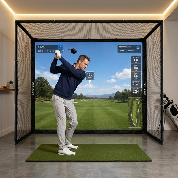 Golf Simulator Enclosure Built for Home Practice, 10x8ft Steel Frame, HD Impact Screen, Foam Padding