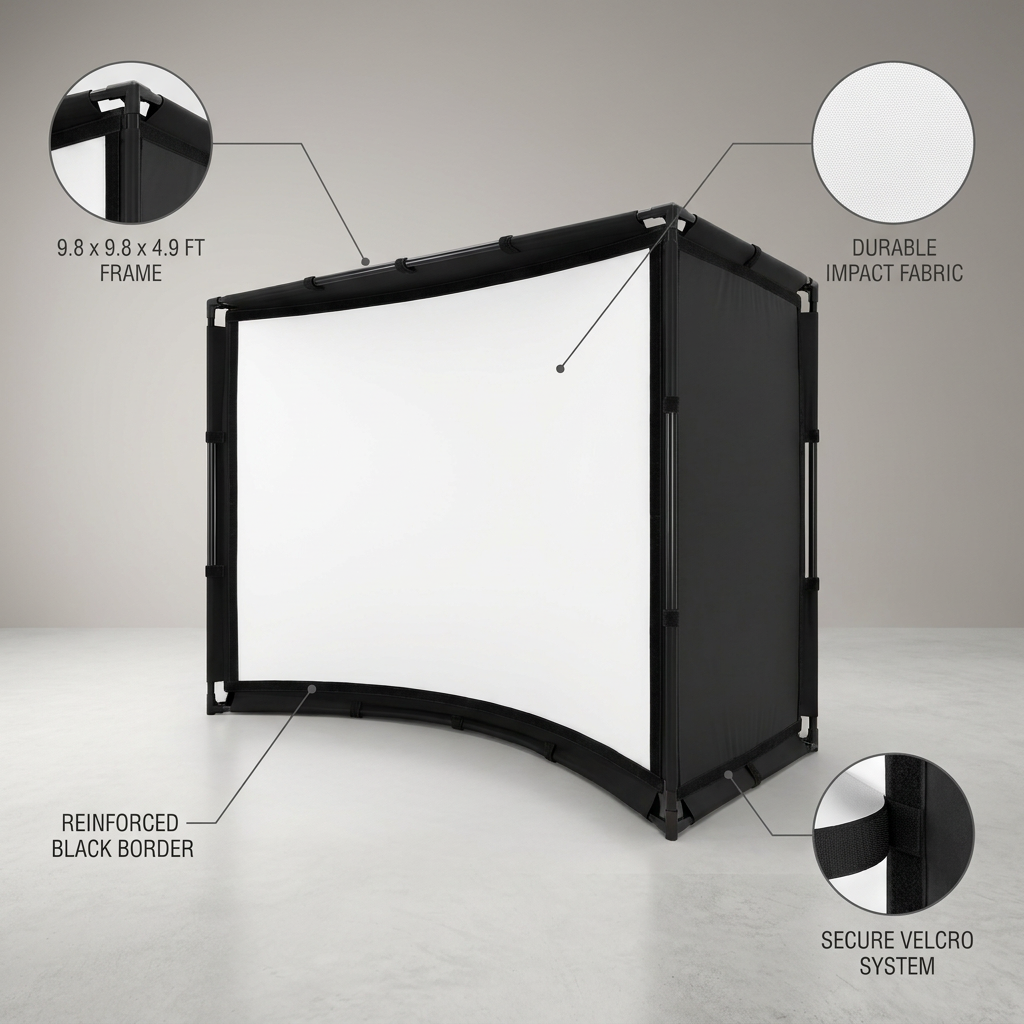 Golf Simulator Enclosure Kit Designed for Indoor Practice, 9.8x9.8x4.9 Frame, Durable Impact Screen, Velcro System — infographic