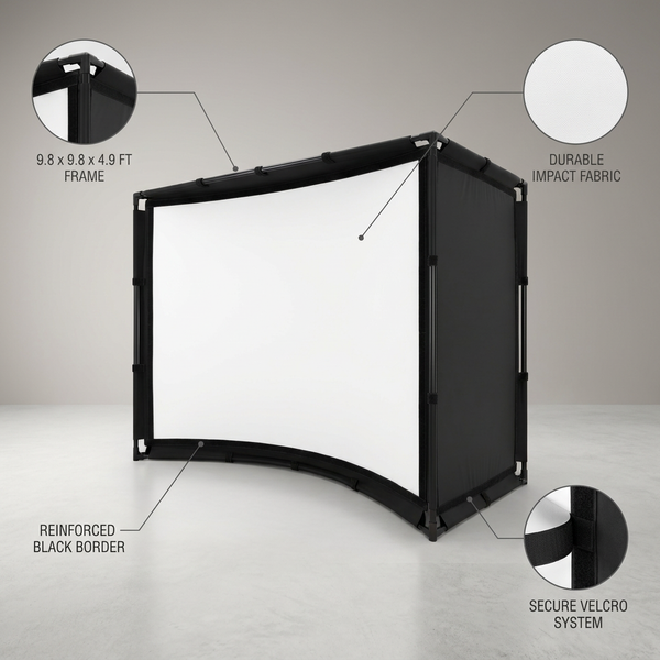 Golf Simulator Enclosure Kit Designed for Indoor Practice, 9.8x9.8x4.9 Frame, Durable Impact Screen, Velcro System — infographic