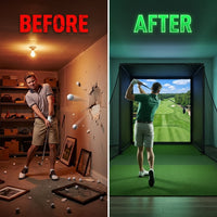 Golf Simulator Enclosure Net 10X8Ft Golf Practice Simulator with HD Impact Screen Kit & Sturdy EPE Foam-Filled Frame Golfs Cage Net with Safety Side Nets for Home Indoor Setup — Before & After